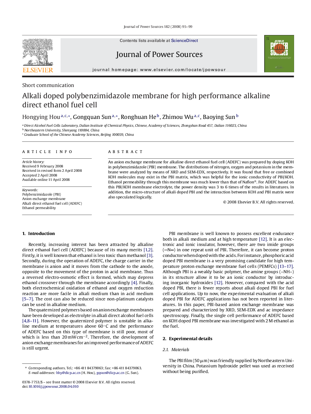 Alkali doped polybenzimidazole membrane for high performance alkaline direct ethanol fuel cell