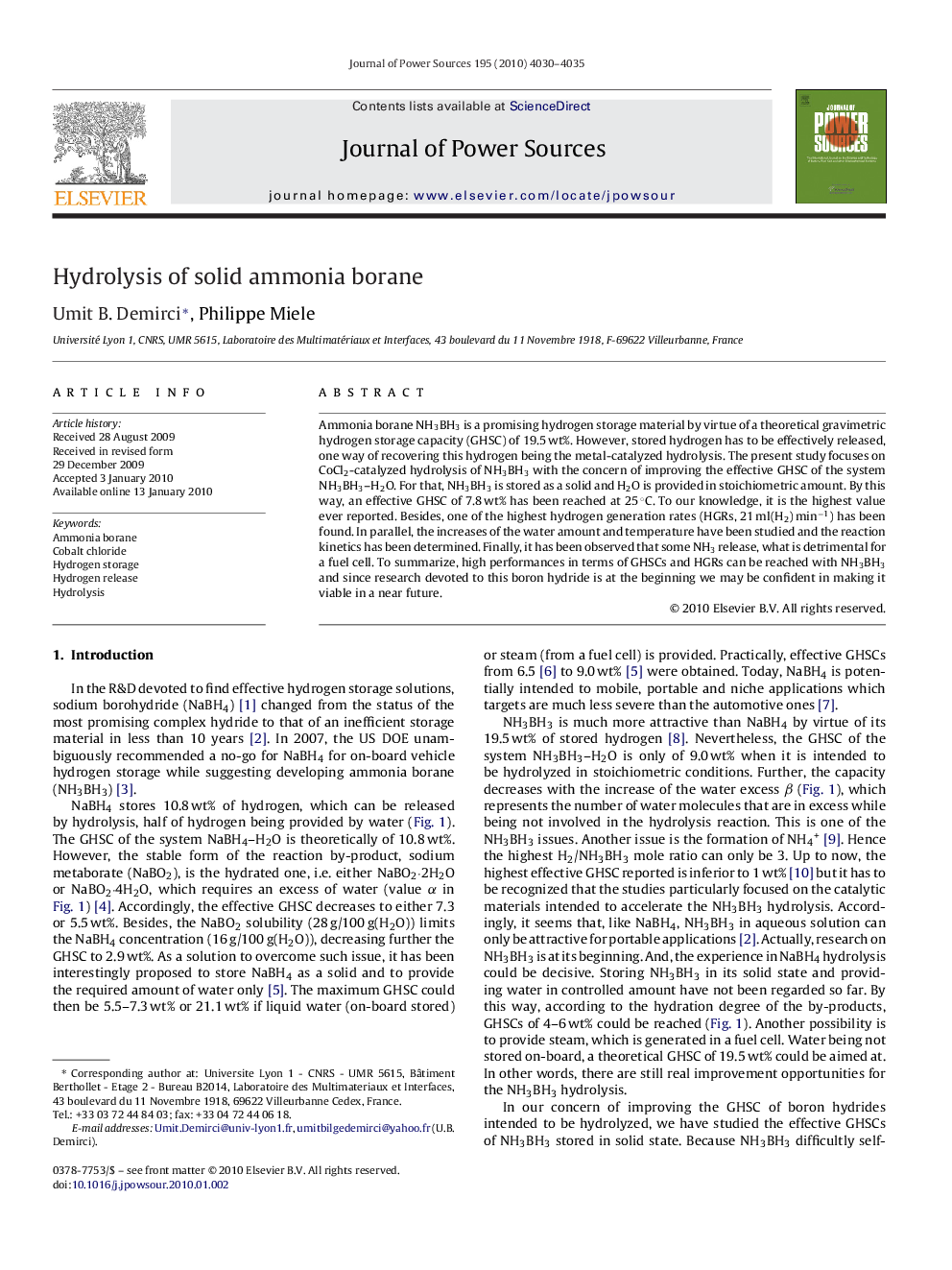 Hydrolysis of solid ammonia borane