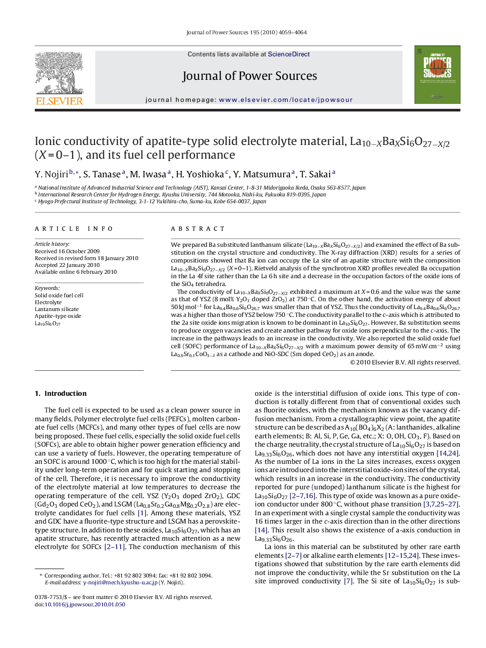 Ionic conductivity of apatite-type solid electrolyte material, La10−XBaXSi6O27−X/2 (X = 0–1), and its fuel cell performance