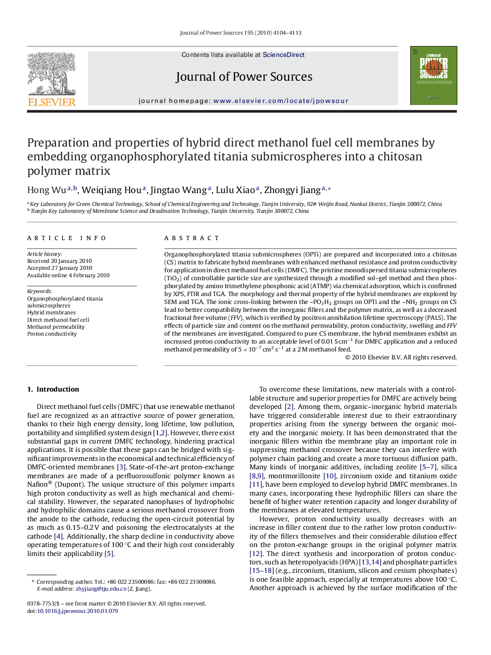 Preparation and properties of hybrid direct methanol fuel cell membranes by embedding organophosphorylated titania submicrospheres into a chitosan polymer matrix