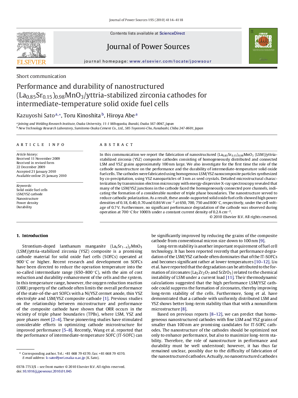 Performance and durability of nanostructured (La0.85Sr0.15)0.98MnO3/yttria-stabilized zirconia cathodes for intermediate-temperature solid oxide fuel cells