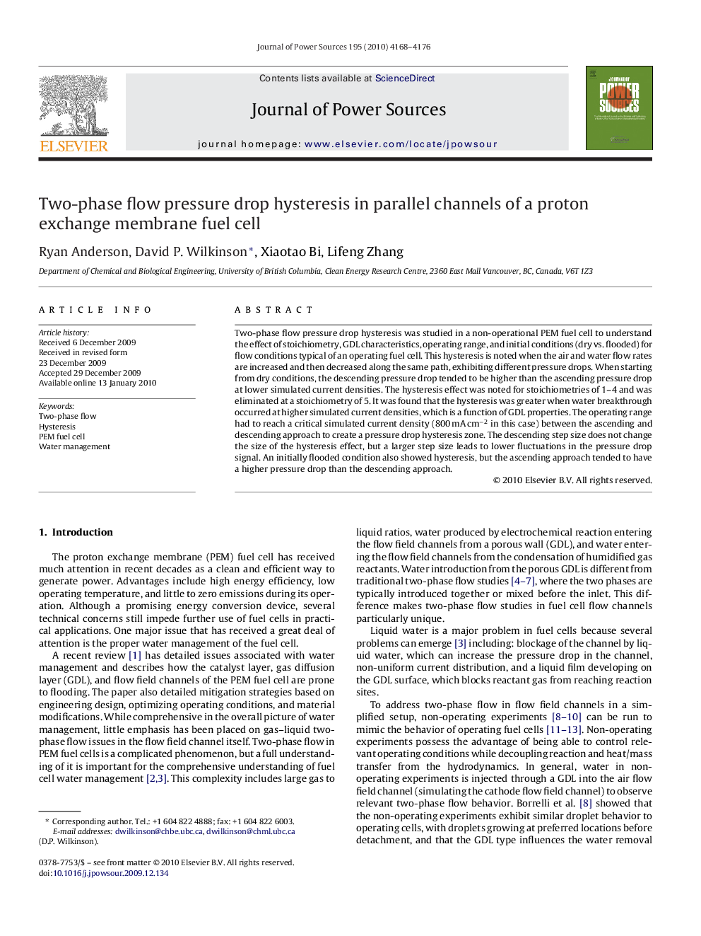 Two-phase flow pressure drop hysteresis in parallel channels of a proton exchange membrane fuel cell