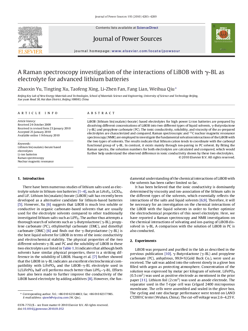 A Raman spectroscopy investigation of the interactions of LiBOB with γ-BL as electrolyte for advanced lithium batteries