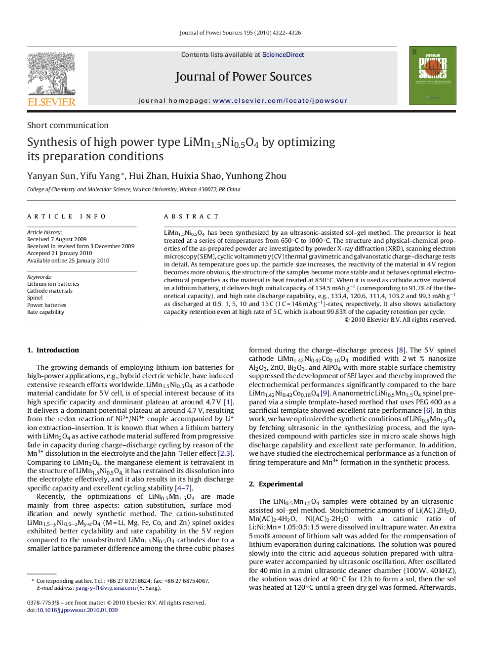 Synthesis of high power type LiMn1.5Ni0.5O4 by optimizing its preparation conditions