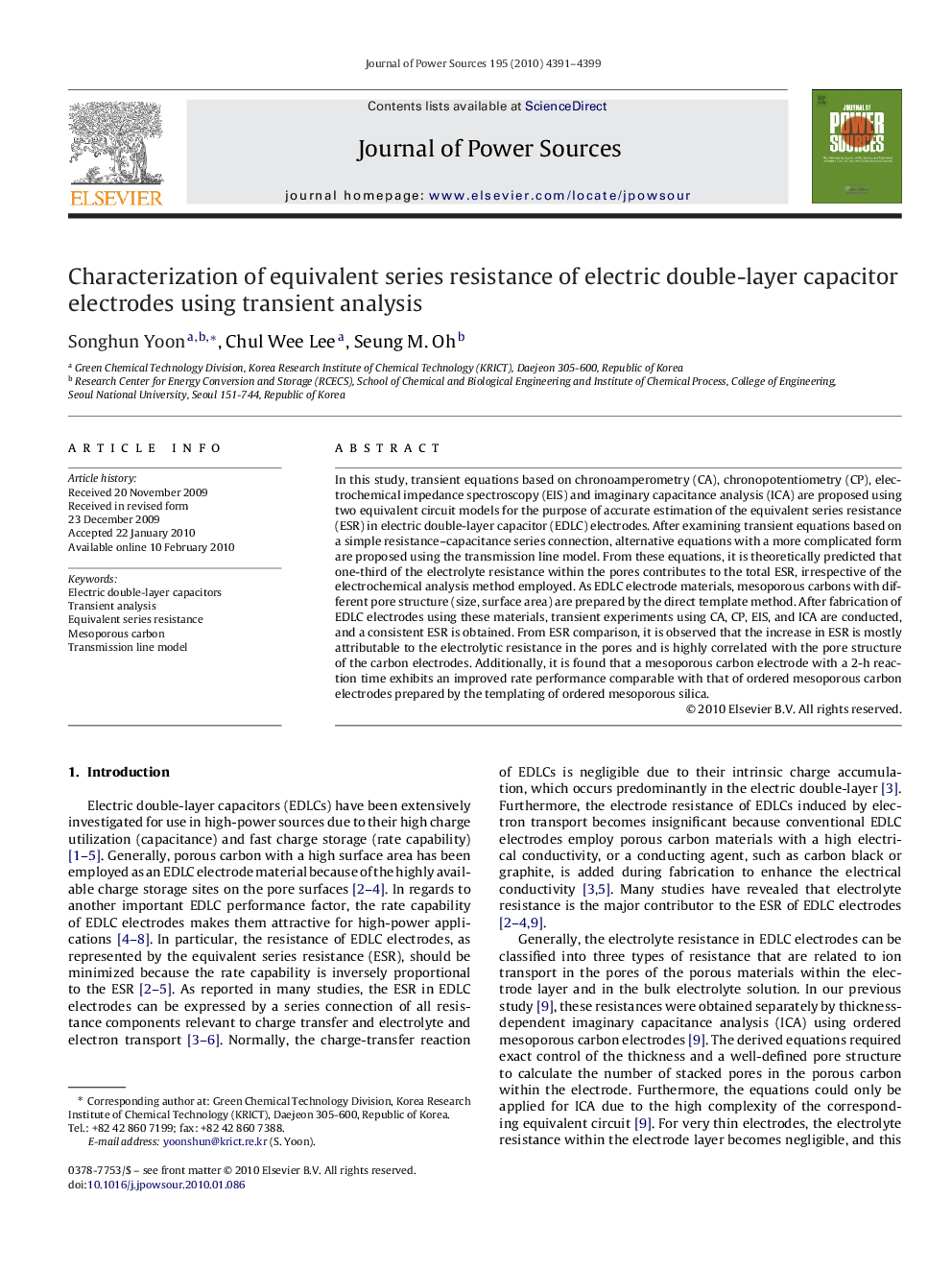 Characterization of equivalent series resistance of electric double-layer capacitor electrodes using transient analysis