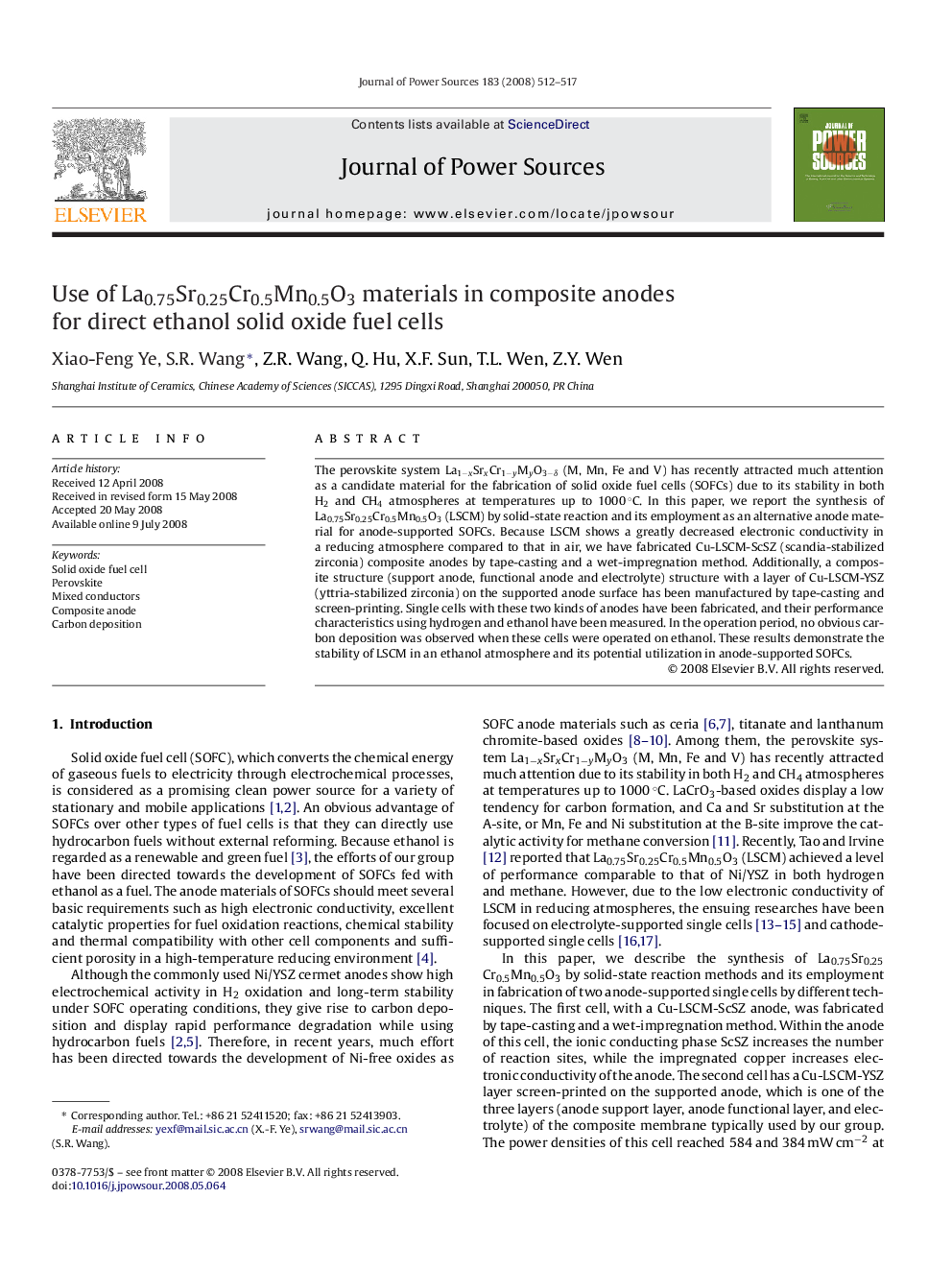 Use of La0.75Sr0.25Cr0.5Mn0.5O3 materials in composite anodes for direct ethanol solid oxide fuel cells