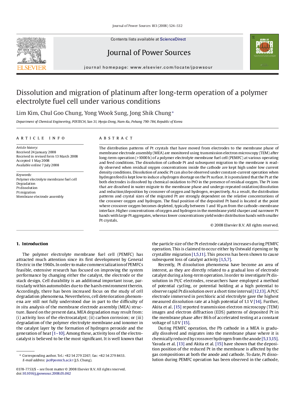 Dissolution and migration of platinum after long-term operation of a polymer electrolyte fuel cell under various conditions