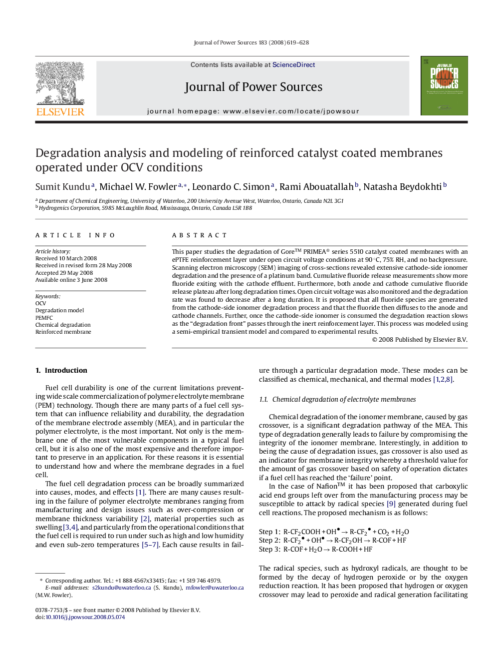 عکس صفحه اول مقاله: Degradation analysis and modeling of reinforced catalyst coated membranes operated under OCV conditions Degradation analysis and modeling of reinforced catalyst coated membranes operated under OCV conditions