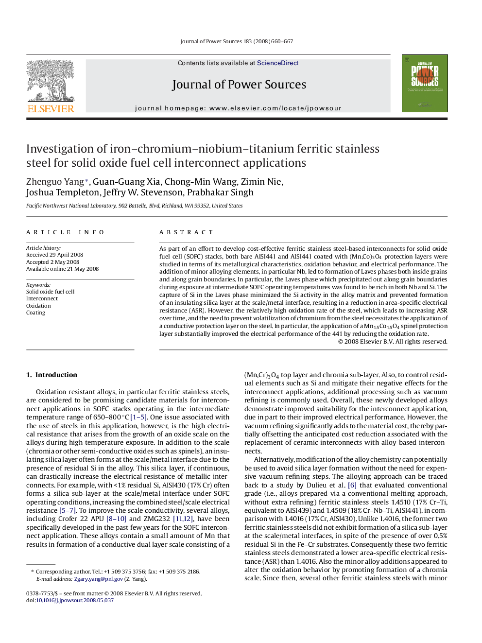 Investigation of iron–chromium–niobium–titanium ferritic stainless steel for solid oxide fuel cell interconnect applications