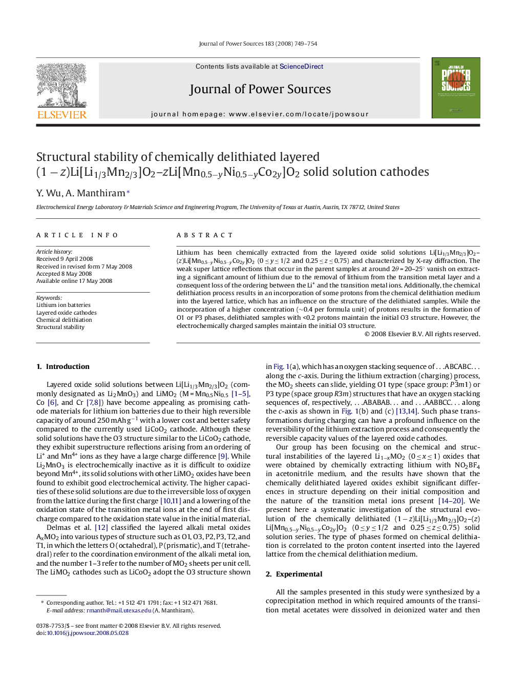 Structural stability of chemically delithiated layered (1 − z)Li[Li1/3Mn2/3]O2–zLi[Mn0.5−yNi0.5−yCo2y]O2 solid solution cathodes