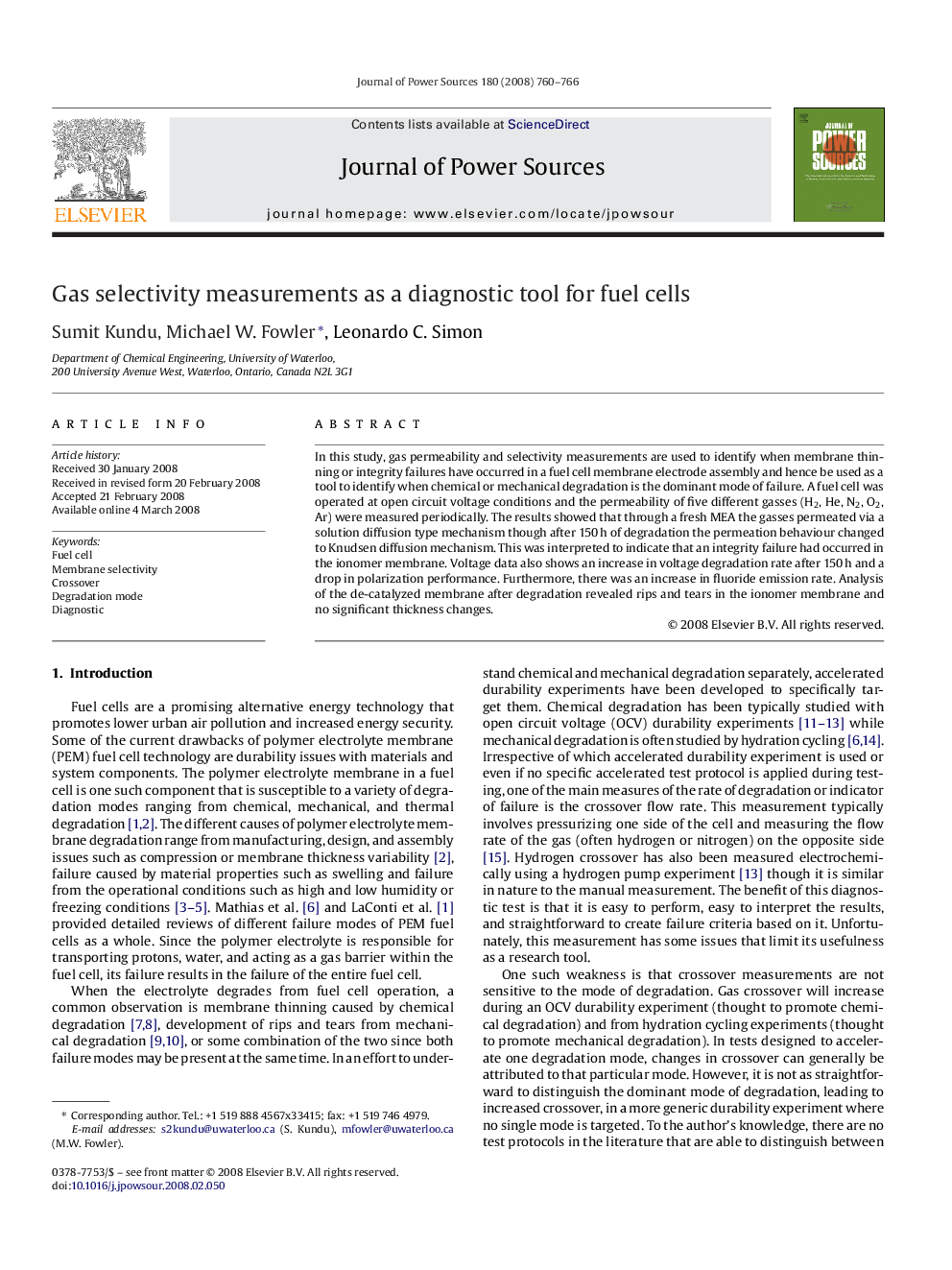 Gas selectivity measurements as a diagnostic tool for fuel cells