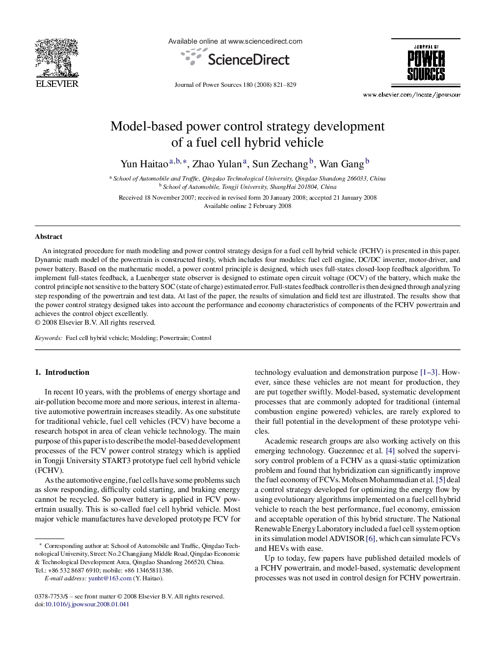 Model-based power control strategy development of a fuel cell hybrid vehicle