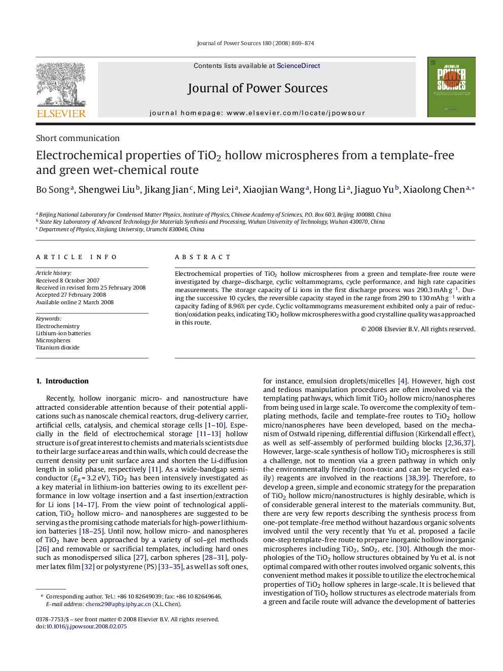 Electrochemical properties of TiO2 hollow microspheres from a template-free and green wet-chemical route