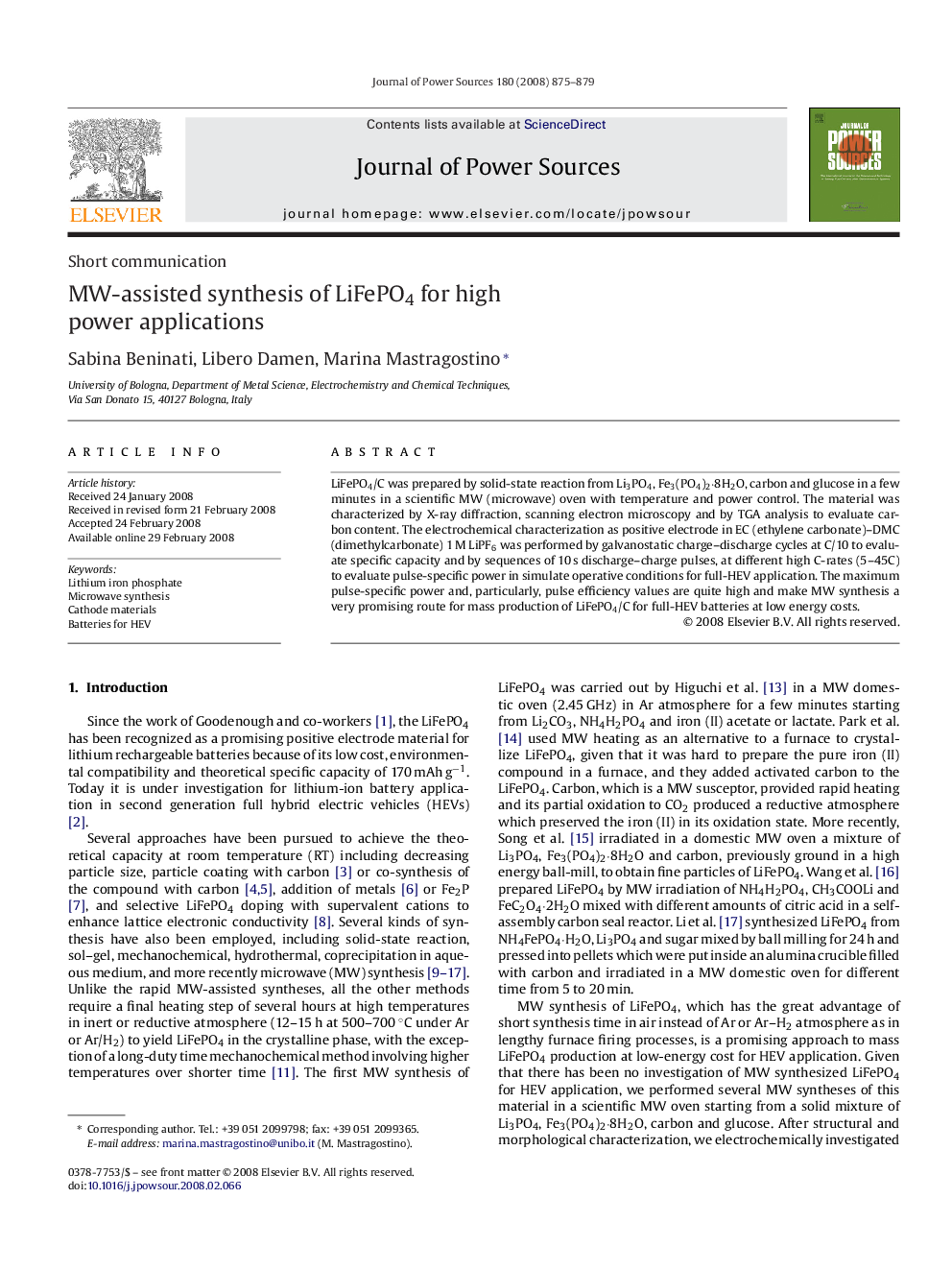 MW-assisted synthesis of LiFePO4 for high power applications