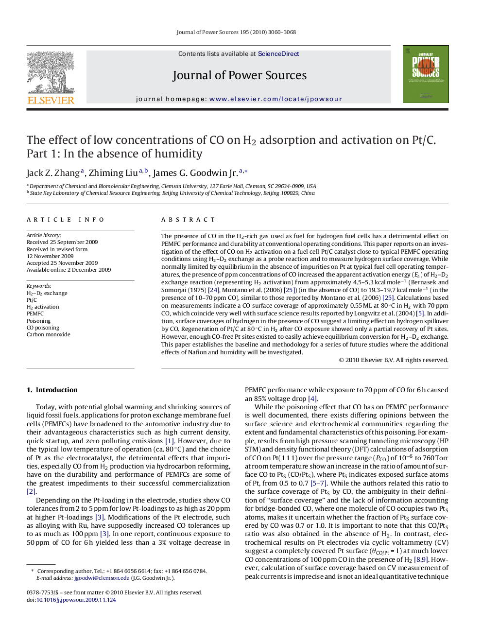 The effect of low concentrations of CO on H2 adsorption and activation on Pt/C. Part 1: In the absence of humidity