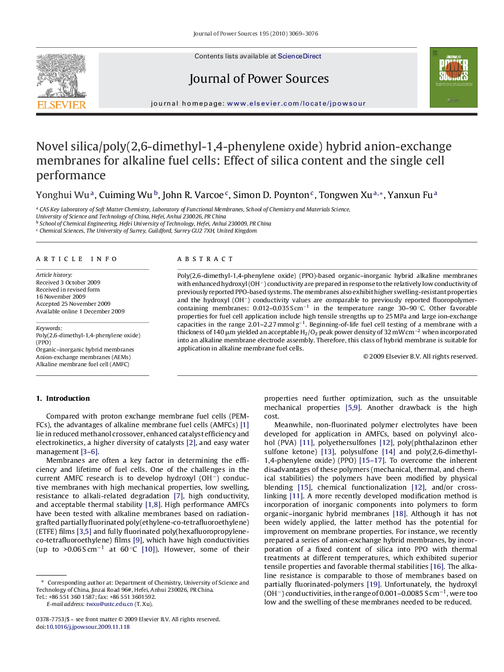 Novel silica/poly(2,6-dimethyl-1,4-phenylene oxide) hybrid anion-exchange membranes for alkaline fuel cells: Effect of silica content and the single cell performance