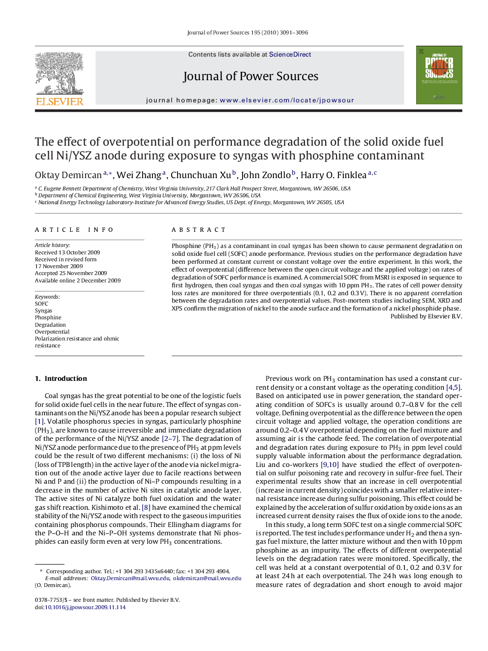 The effect of overpotential on performance degradation of the solid oxide fuel cell Ni/YSZ anode during exposure to syngas with phosphine contaminant