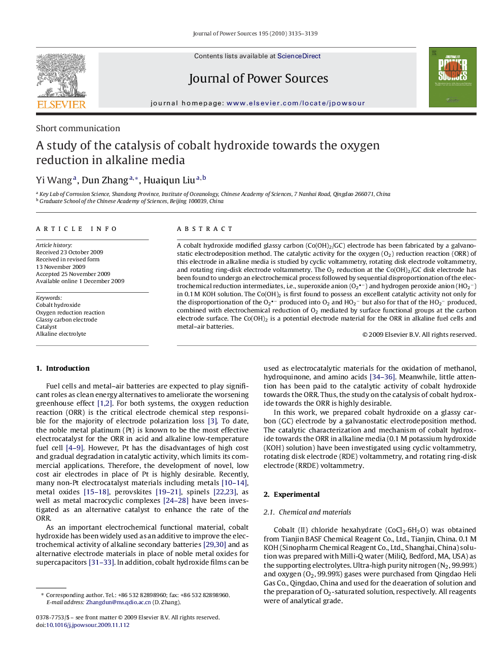 A study of the catalysis of cobalt hydroxide towards the oxygen reduction in alkaline media