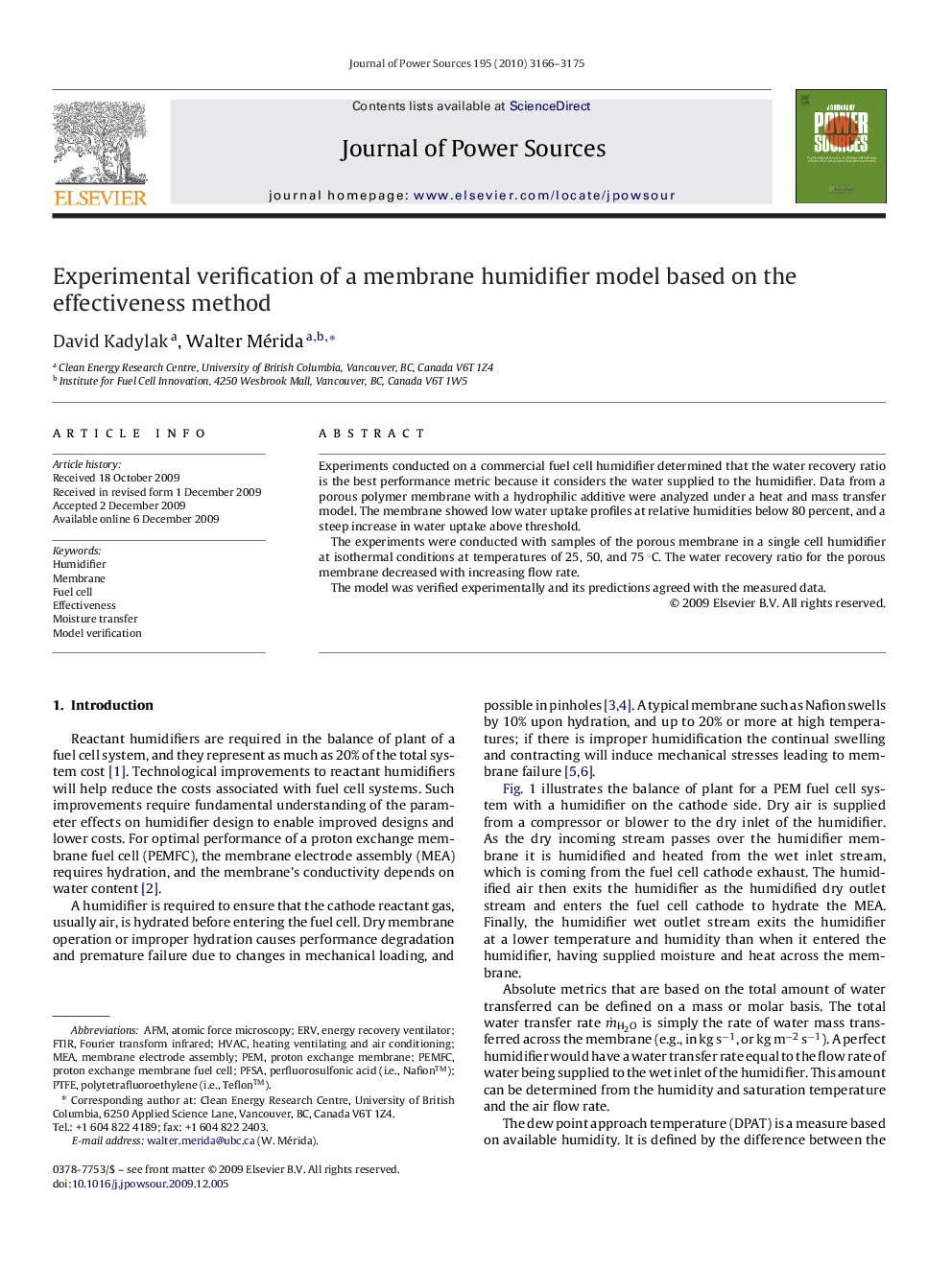 Experimental verification of a membrane humidifier model based on the effectiveness method