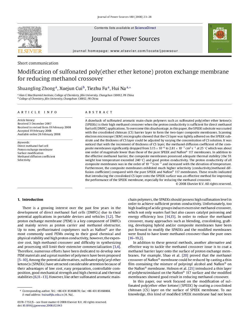 Modification of sulfonated poly(ether ether ketone) proton exchange membrane for reducing methanol crossover