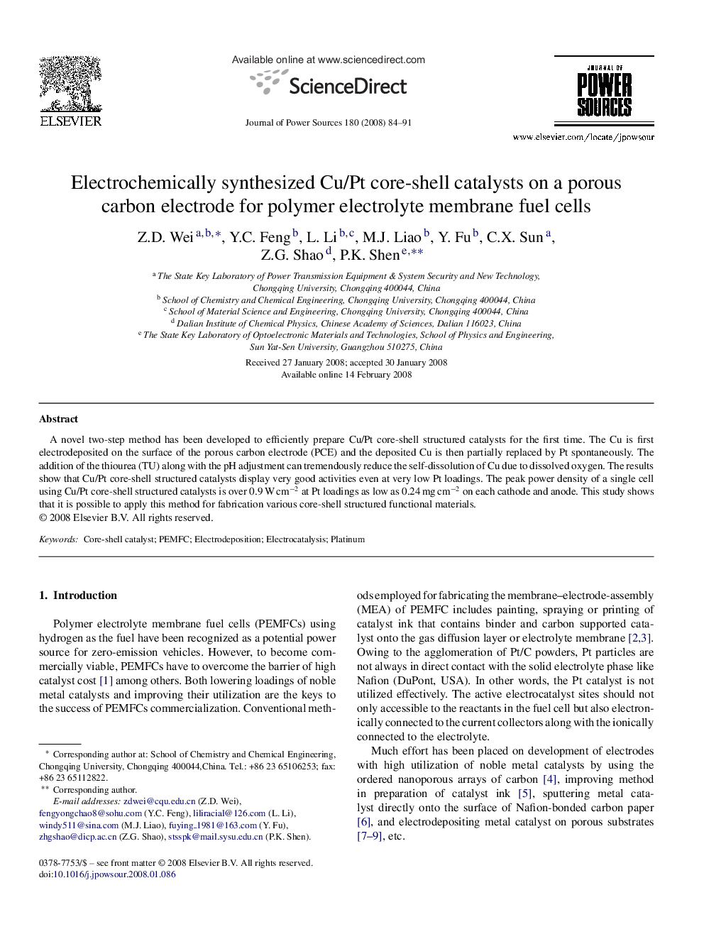 Electrochemically synthesized Cu/Pt core-shell catalysts on a porous carbon electrode for polymer electrolyte membrane fuel cells