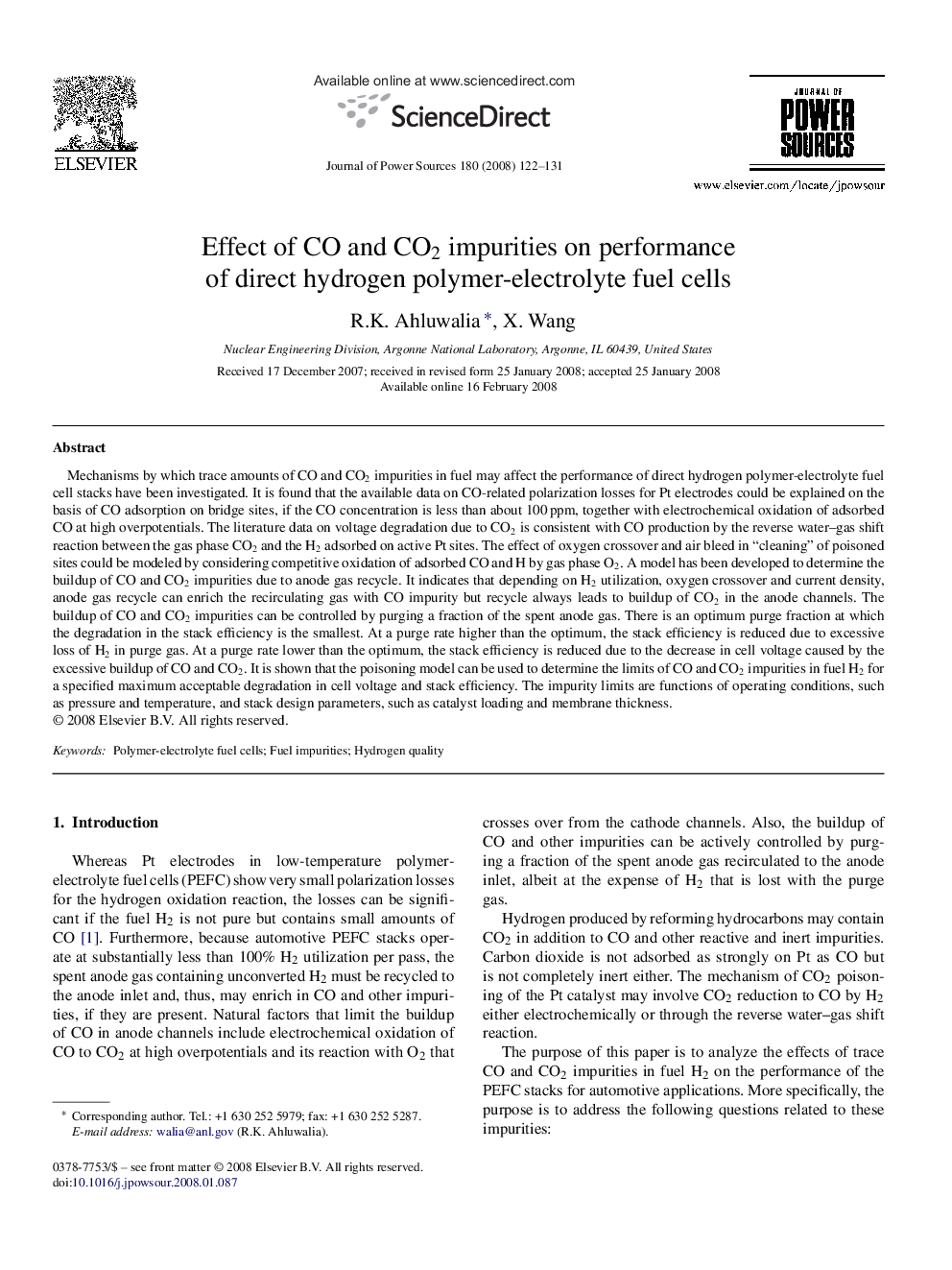 Effect of CO and CO2 impurities on performance of direct hydrogen polymer-electrolyte fuel cells