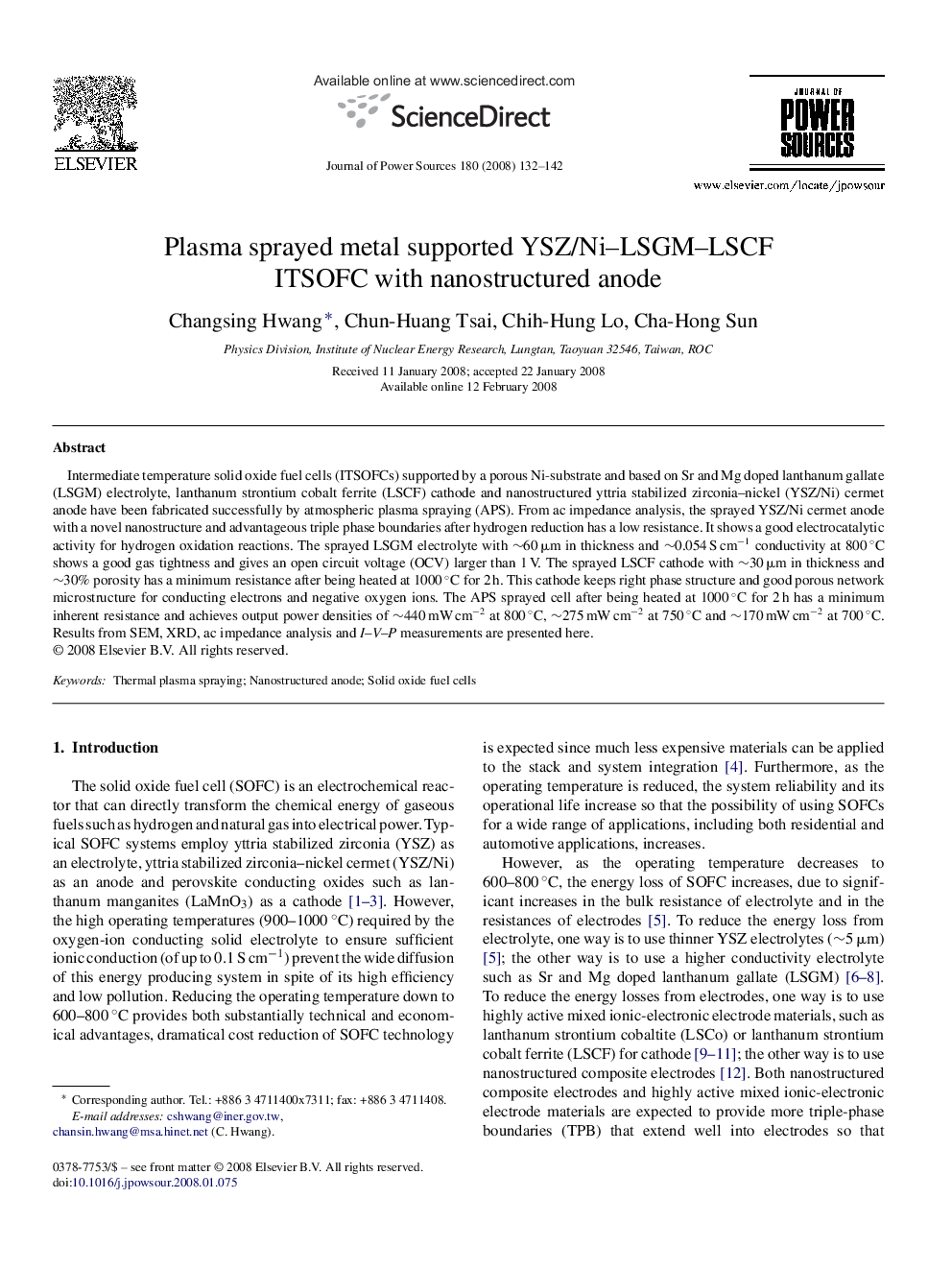 Plasma sprayed metal supported YSZ/Ni–LSGM–LSCF ITSOFC with nanostructured anode