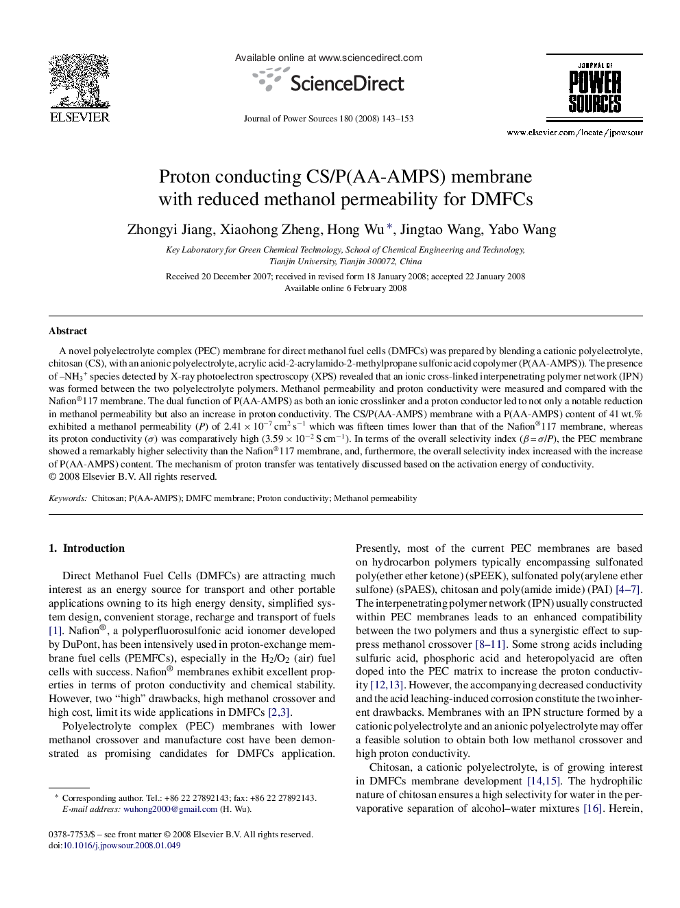 Proton conducting CS/P(AA-AMPS) membrane with reduced methanol permeability for DMFCs