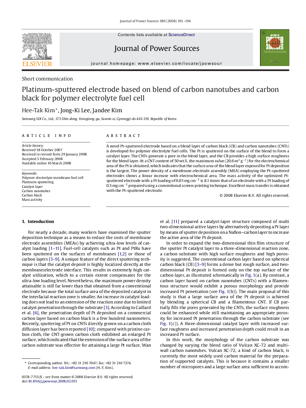 Platinum-sputtered electrode based on blend of carbon nanotubes and carbon black for polymer electrolyte fuel cell