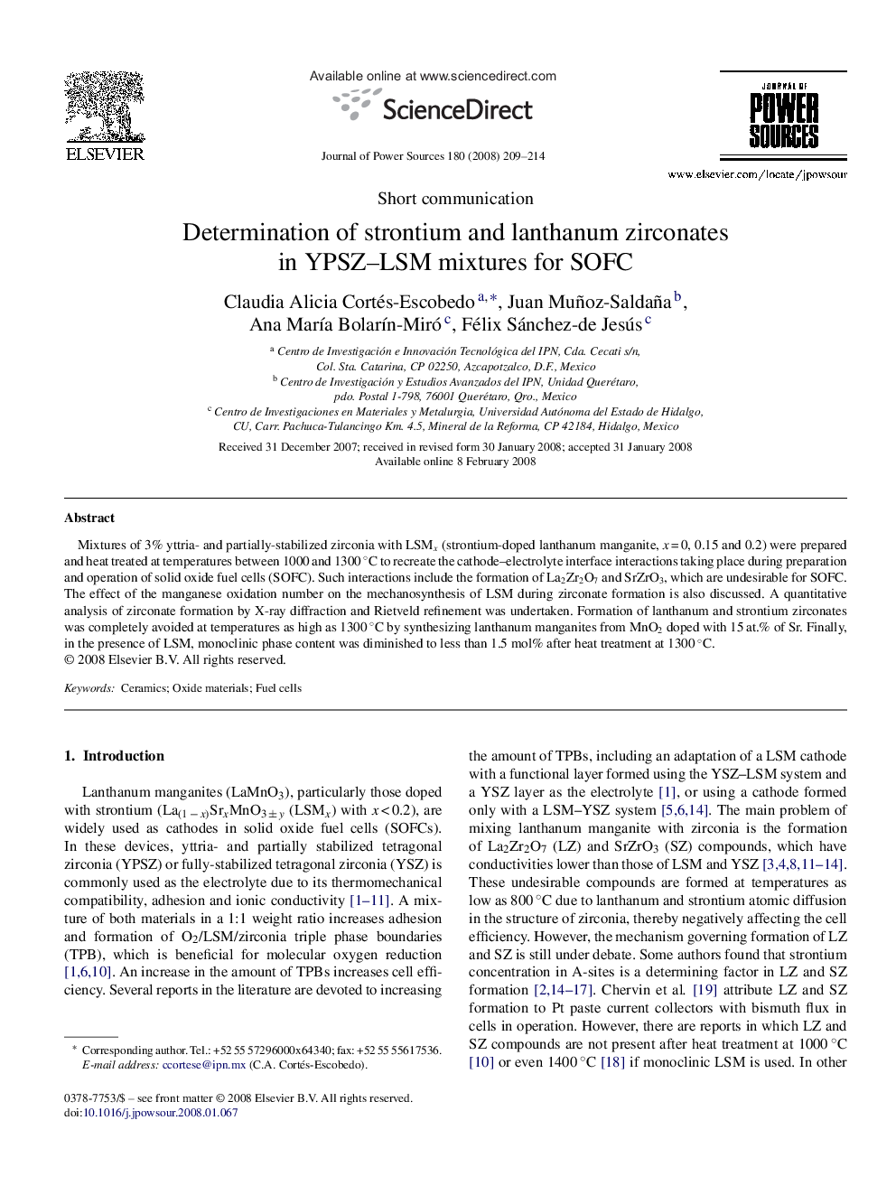 Determination of strontium and lanthanum zirconates in YPSZ–LSM mixtures for SOFC