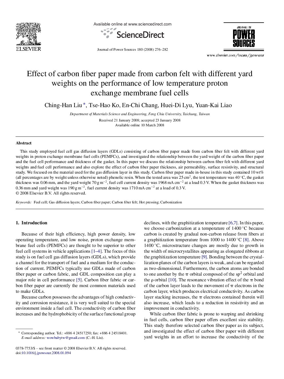 Effect of carbon fiber paper made from carbon felt with different yard weights on the performance of low temperature proton exchange membrane fuel cells