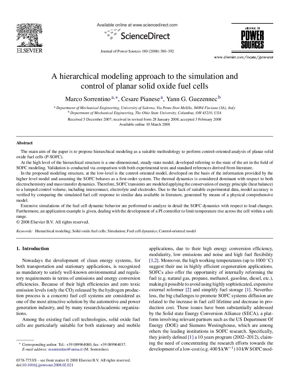 A hierarchical modeling approach to the simulation and control of planar solid oxide fuel cells