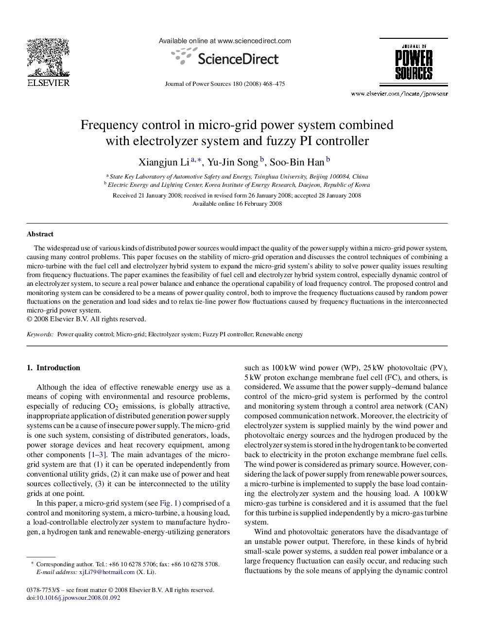 Frequency control in micro-grid power system combined with electrolyzer system and fuzzy PI controller