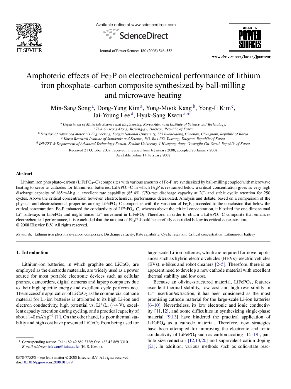 Amphoteric effects of Fe2P on electrochemical performance of lithium iron phosphate–carbon composite synthesized by ball-milling and microwave heating