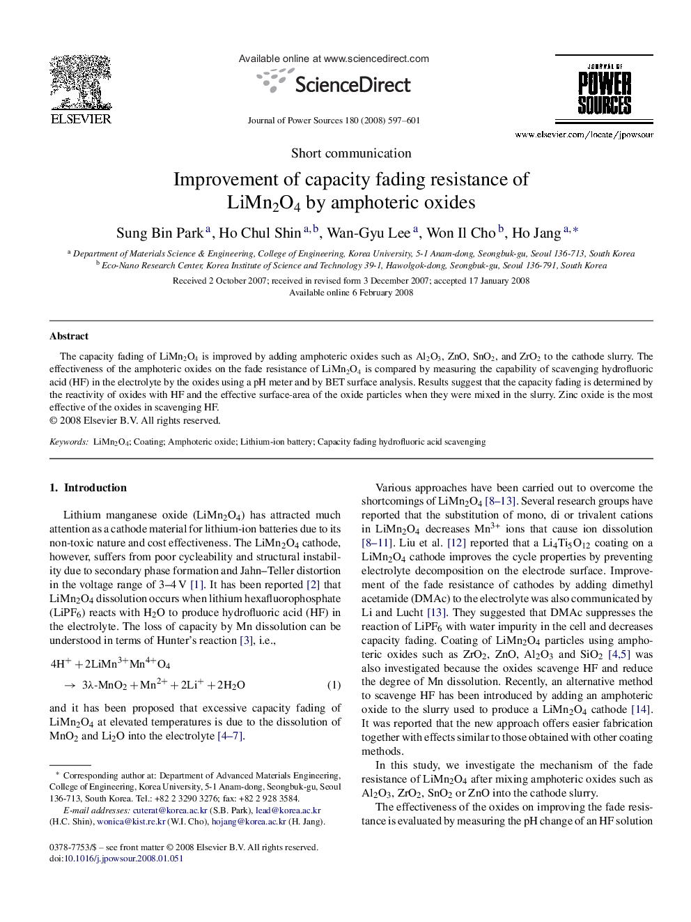 Improvement of capacity fading resistance of LiMn2O4 by amphoteric oxides