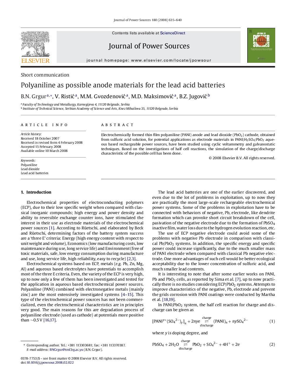 Polyaniline as possible anode materials for the lead acid batteries