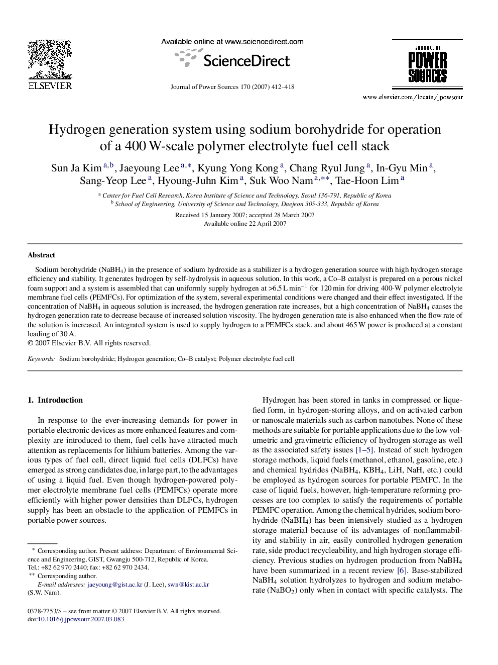 Hydrogen generation system using sodium borohydride for operation of a 400 W-scale polymer electrolyte fuel cell stack