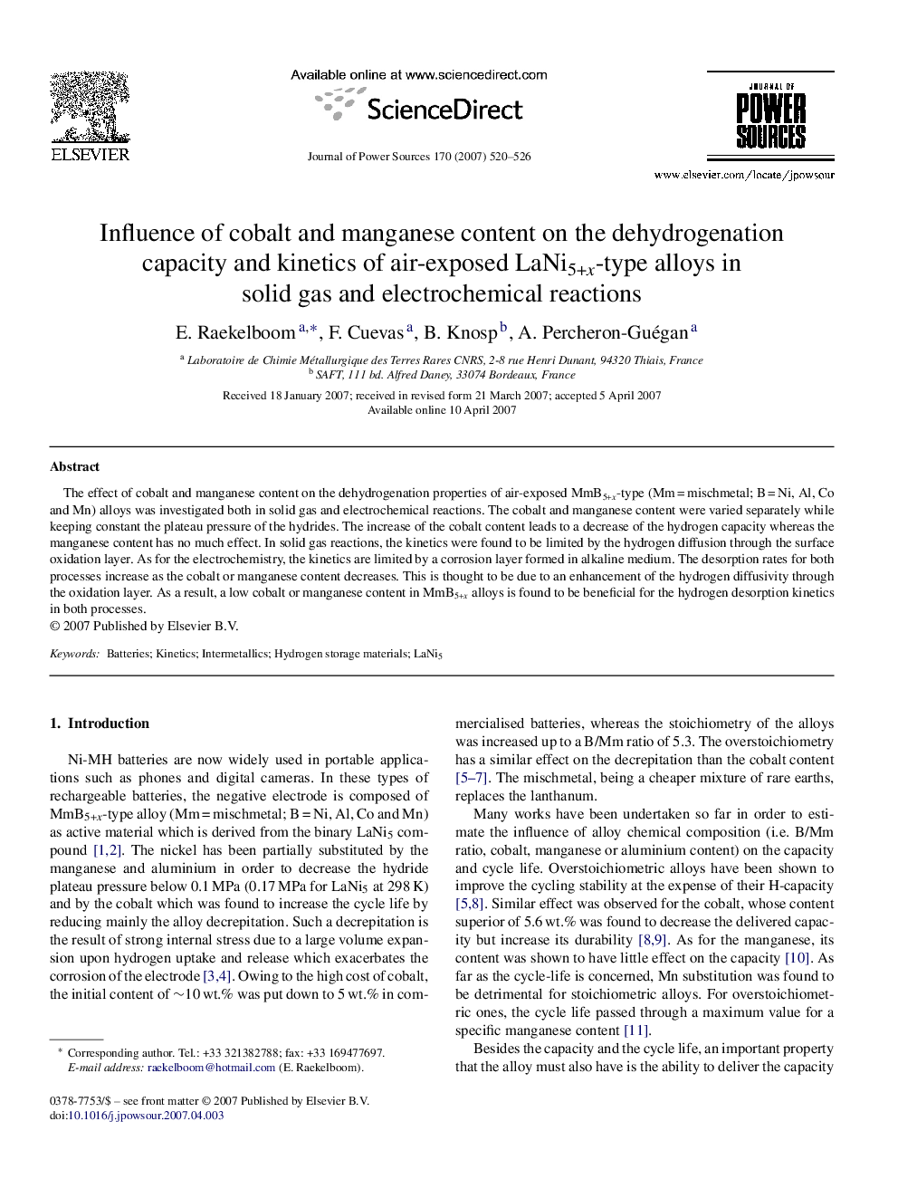 Influence of cobalt and manganese content on the dehydrogenation capacity and kinetics of air-exposed LaNi5+x-type alloys in solid gas and electrochemical reactions