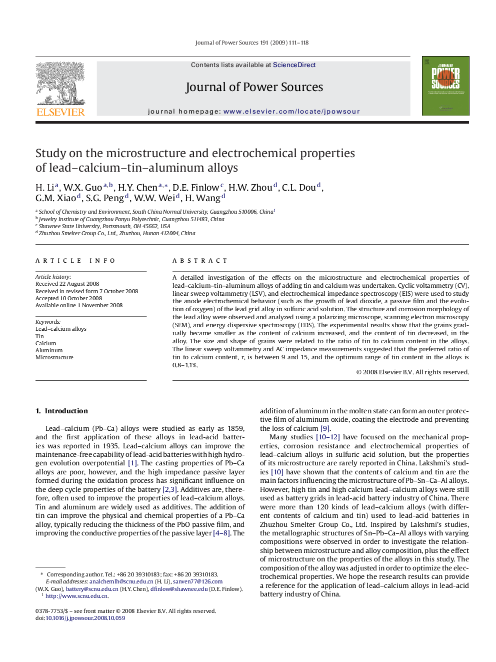 Study on the microstructure and electrochemical properties of lead–calcium–tin–aluminum alloys