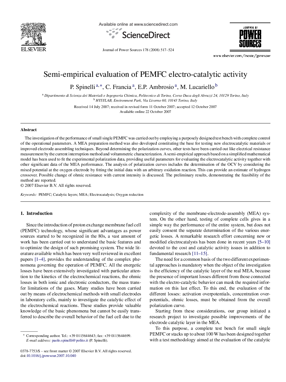 Semi-empirical evaluation of PEMFC electro-catalytic activity