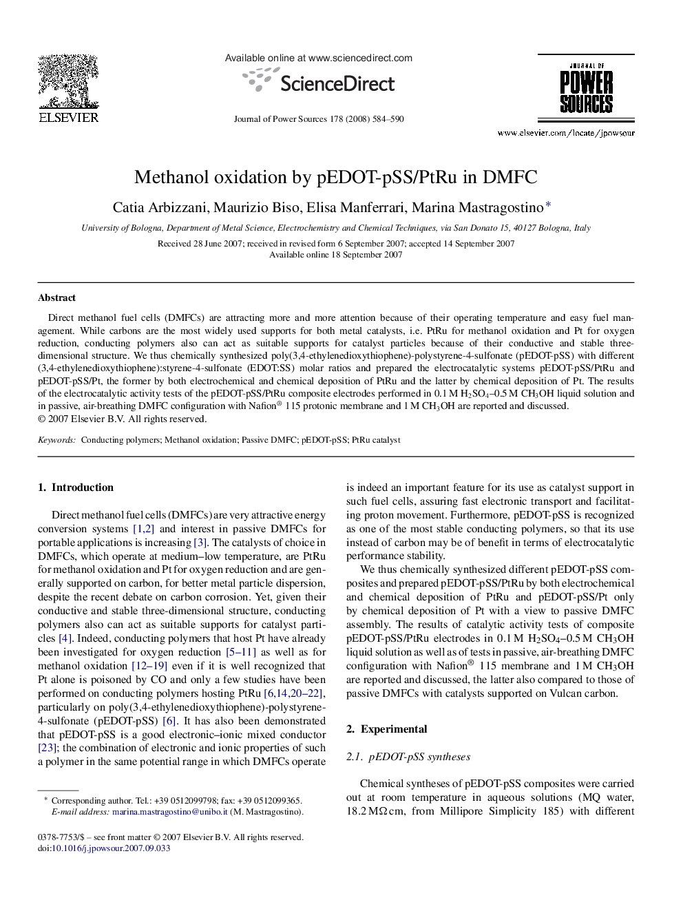 Methanol oxidation by pEDOT-pSS/PtRu in DMFC