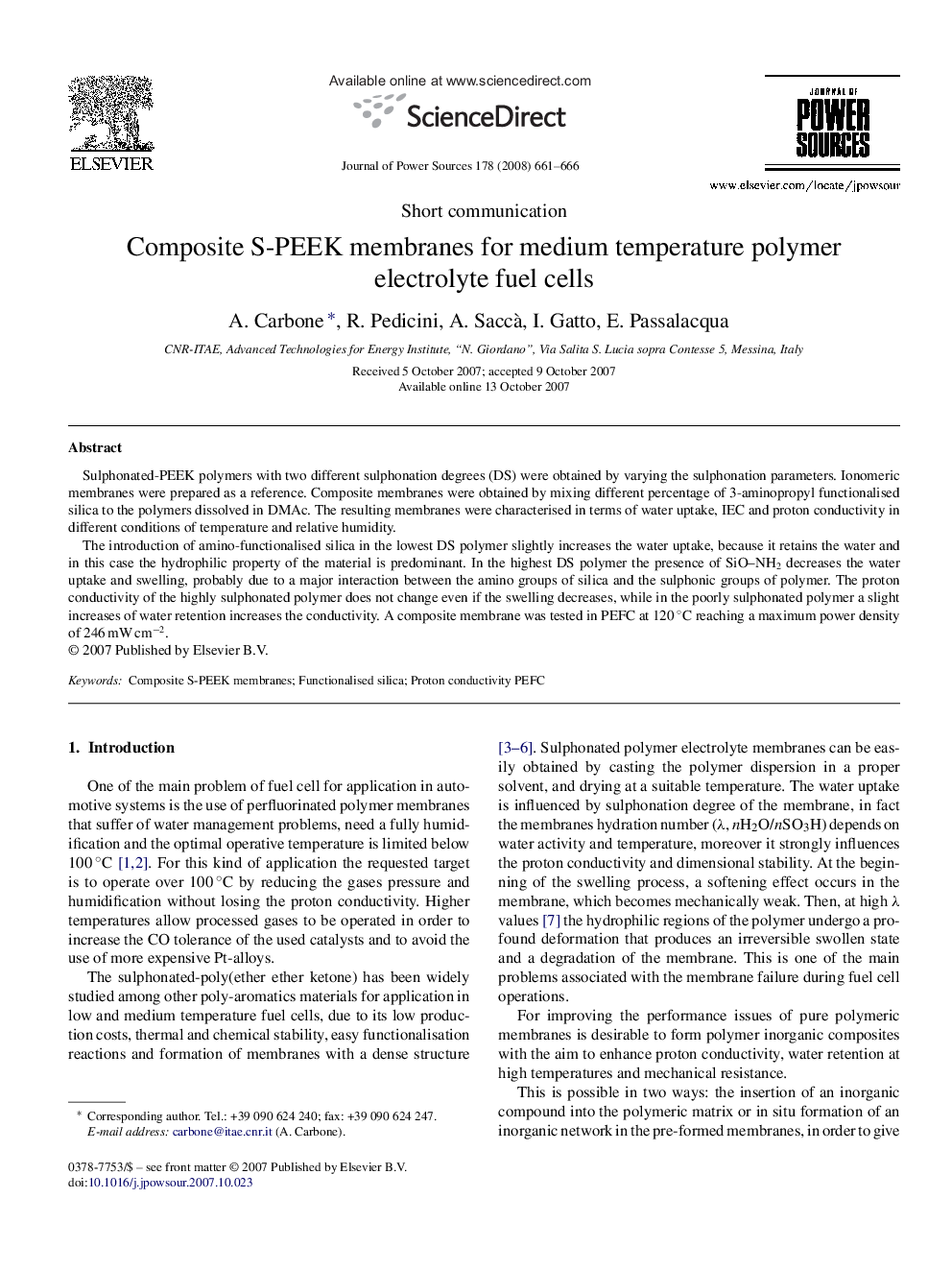 Composite S-PEEK membranes for medium temperature polymer electrolyte fuel cells