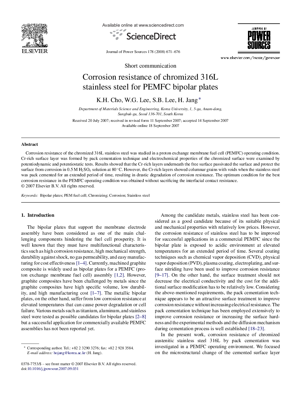 Corrosion resistance of chromized 316L stainless steel for PEMFC bipolar plates