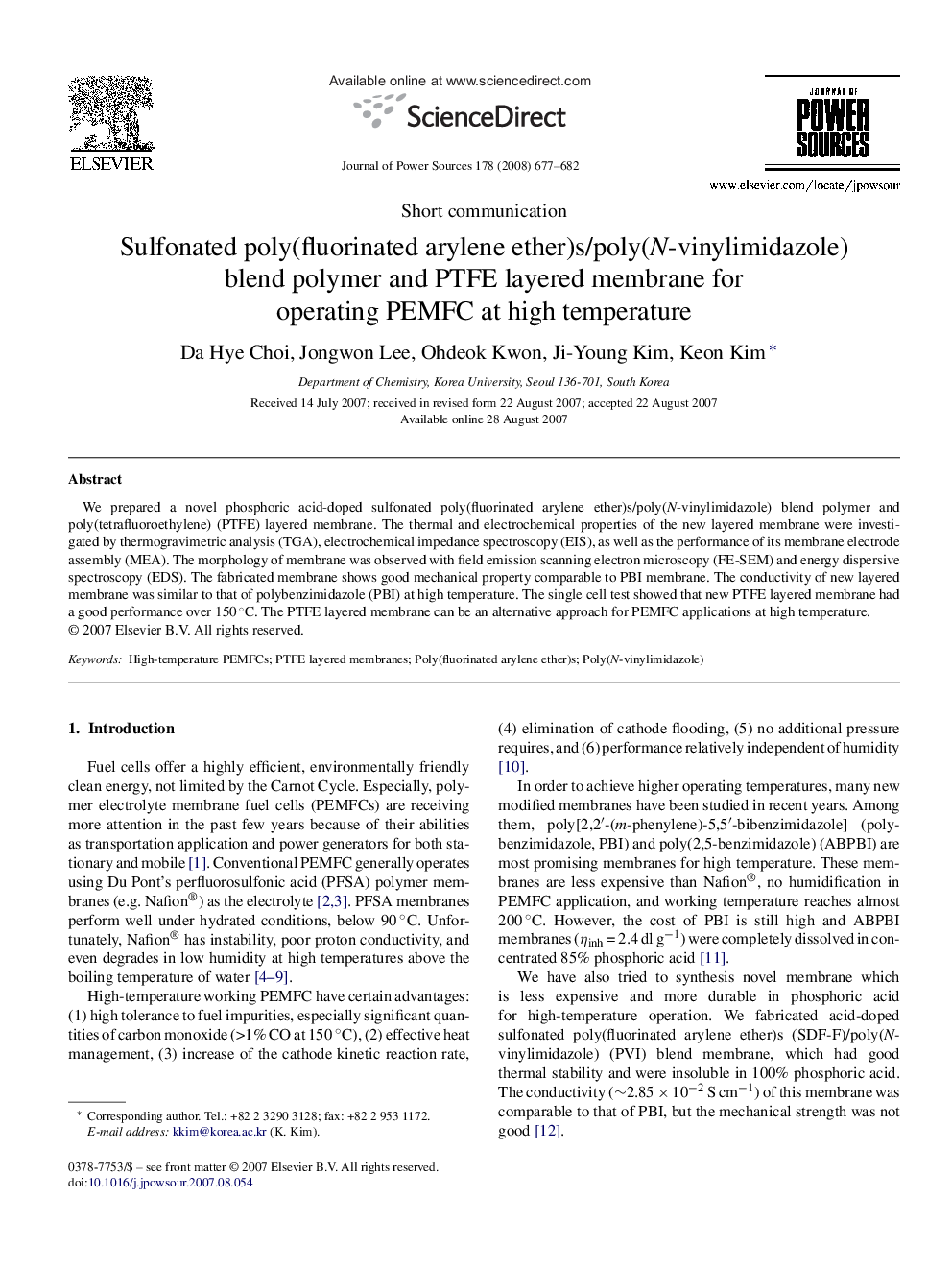 Sulfonated poly(fluorinated arylene ether)s/poly(N-vinylimidazole) blend polymer and PTFE layered membrane for operating PEMFC at high temperature