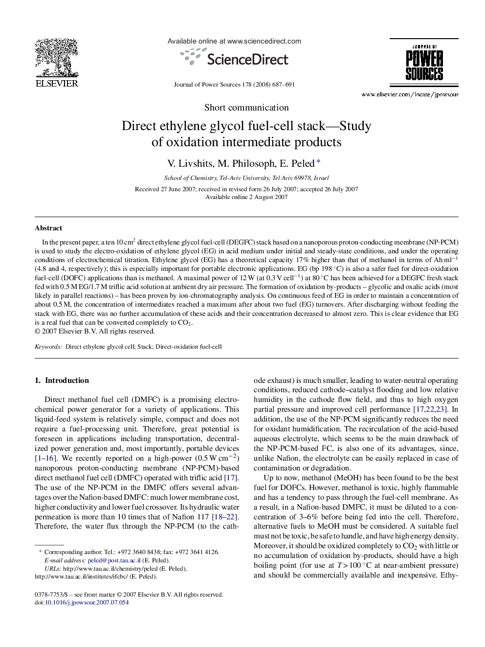 Direct ethylene glycol fuel-cell stack—Study of oxidation intermediate products