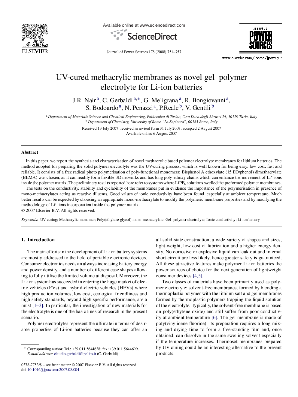 UV-cured methacrylic membranes as novel gel–polymer electrolyte for Li-ion batteries