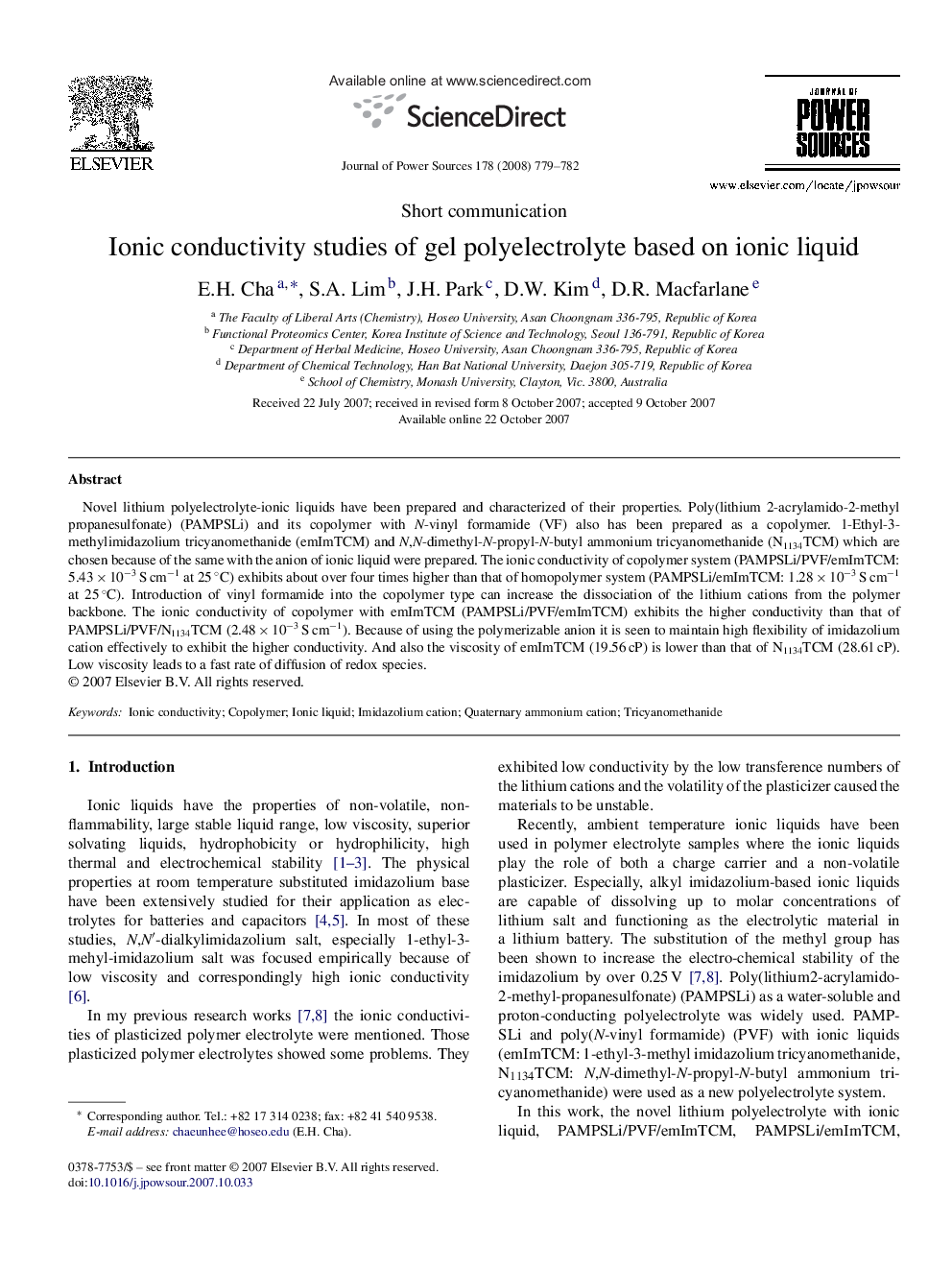 Ionic conductivity studies of gel polyelectrolyte based on ionic liquid