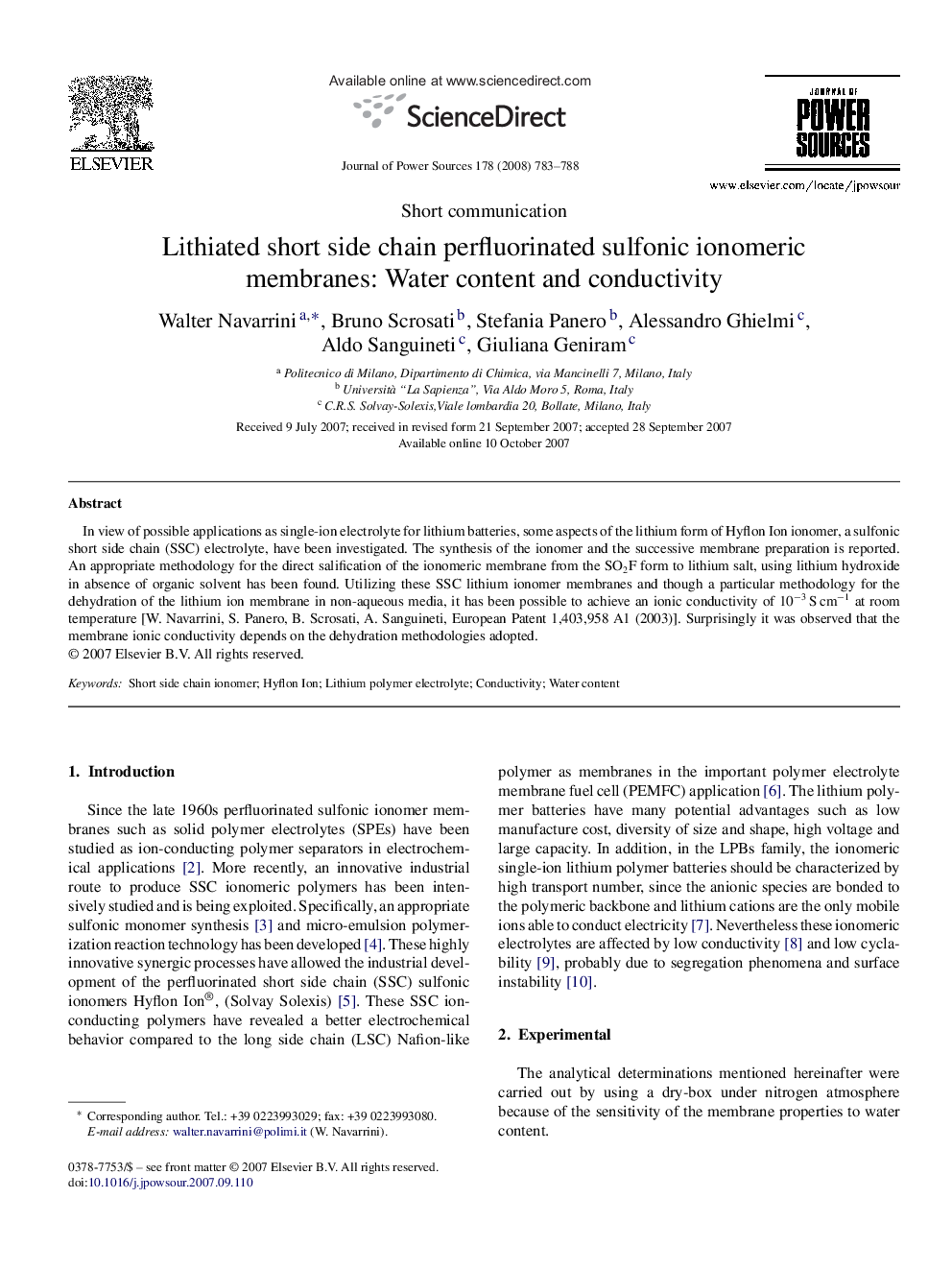 Lithiated short side chain perfluorinated sulfonic ionomeric membranes: Water content and conductivity