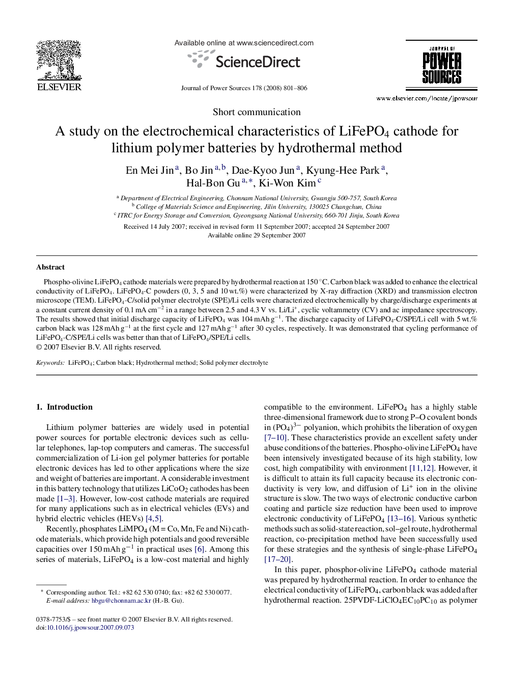 A study on the electrochemical characteristics of LiFePO4 cathode for lithium polymer batteries by hydrothermal method