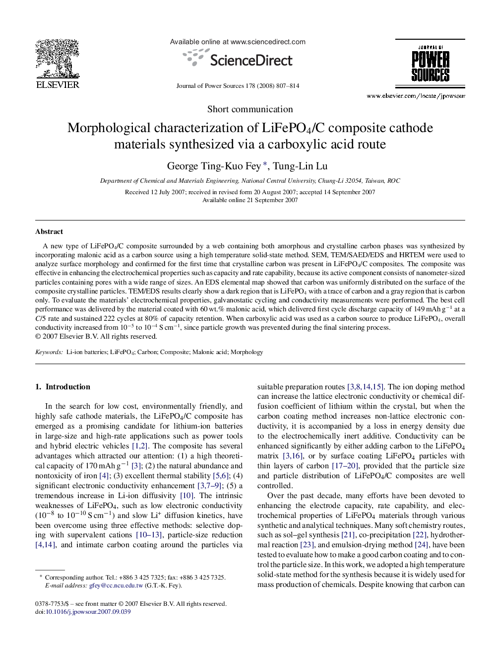 Morphological characterization of LiFePO4/C composite cathode materials synthesized via a carboxylic acid route